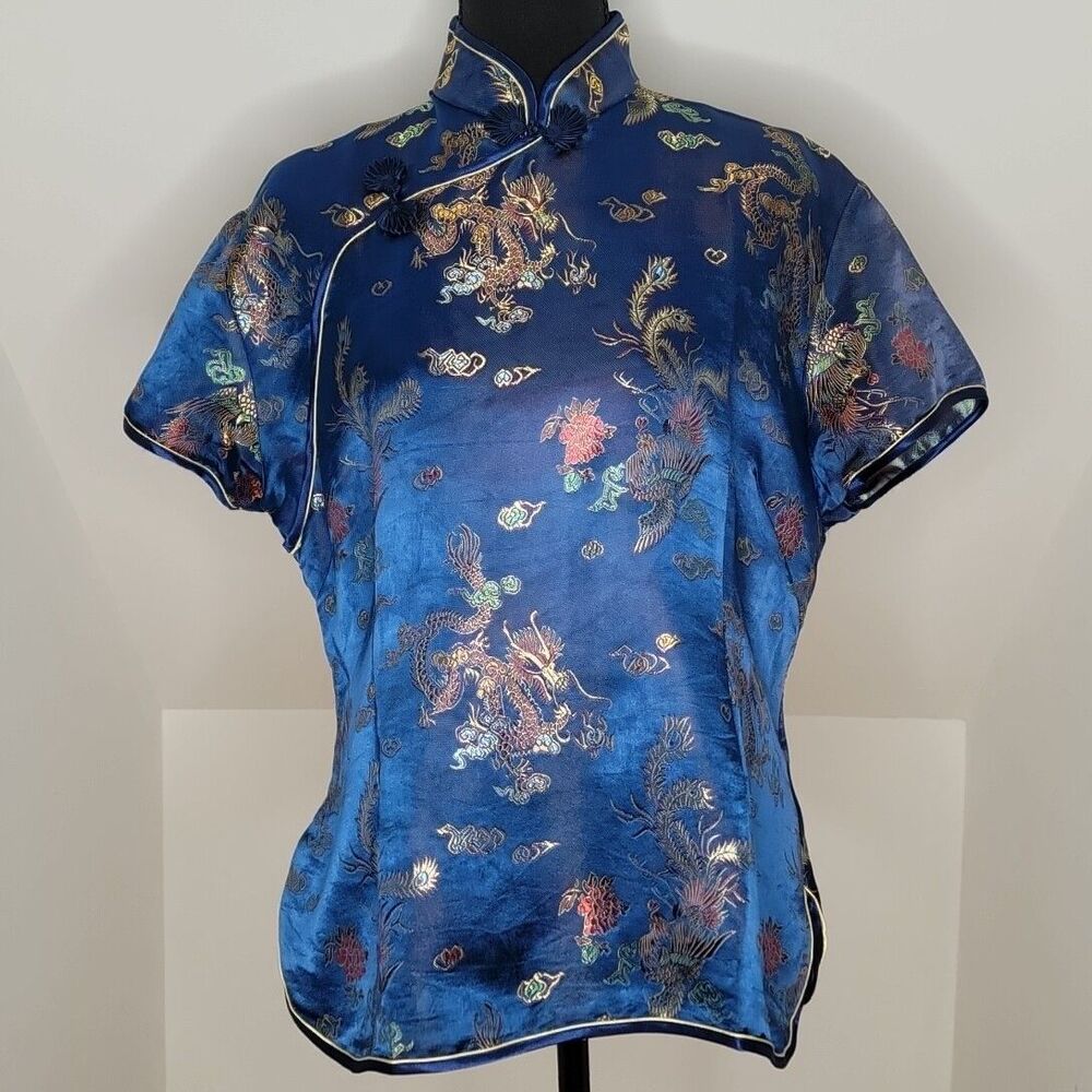 Vintage 100% Silk Chinese Cheongsam Qipao Top Blue Dragon Phoenix Blouse M L 42